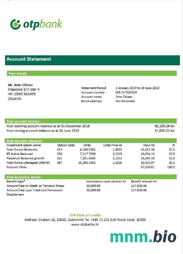 Chorwacja szablon wyciągu bankowego OTP, format Word i PDF, Wersja 2